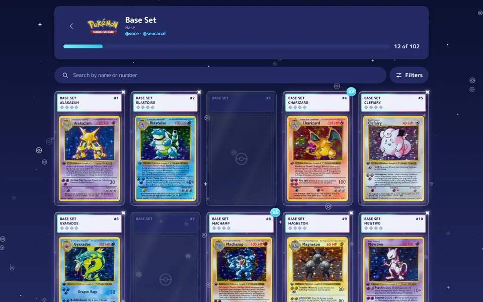 Base Set album with the collected cards, empty slots for the missing ones and the progress bar