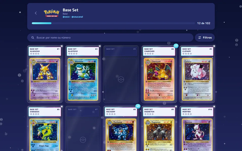 Álbum do Base Set com as cartas coletadas, os espaços das que faltam e a barra de progresso
